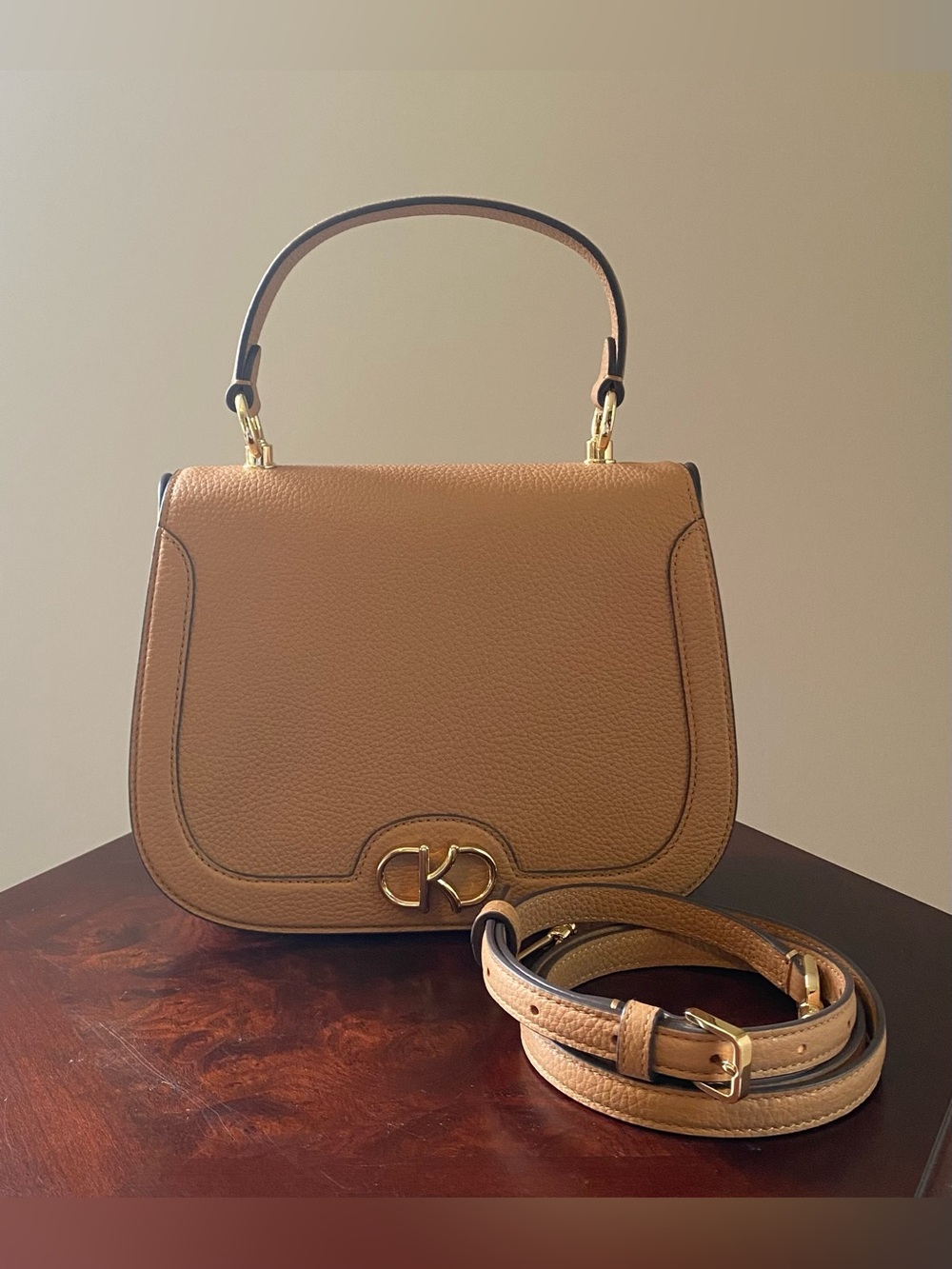 kate spade New York Tan Pebbled Leather Top-Handle Saddle Bag with Gold Hardware